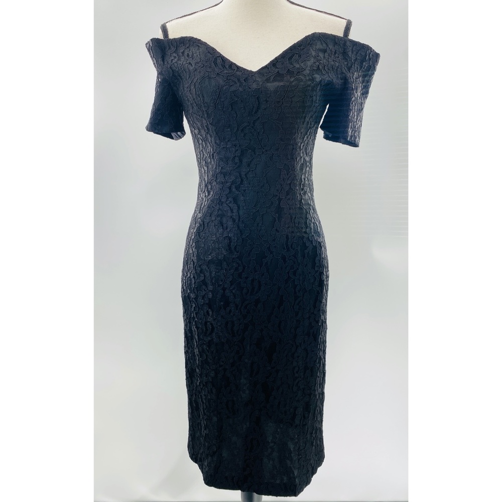 Vintage One of a Kind  80's Degre Black Lace ‎ Off Shoulder Cocktail Dress